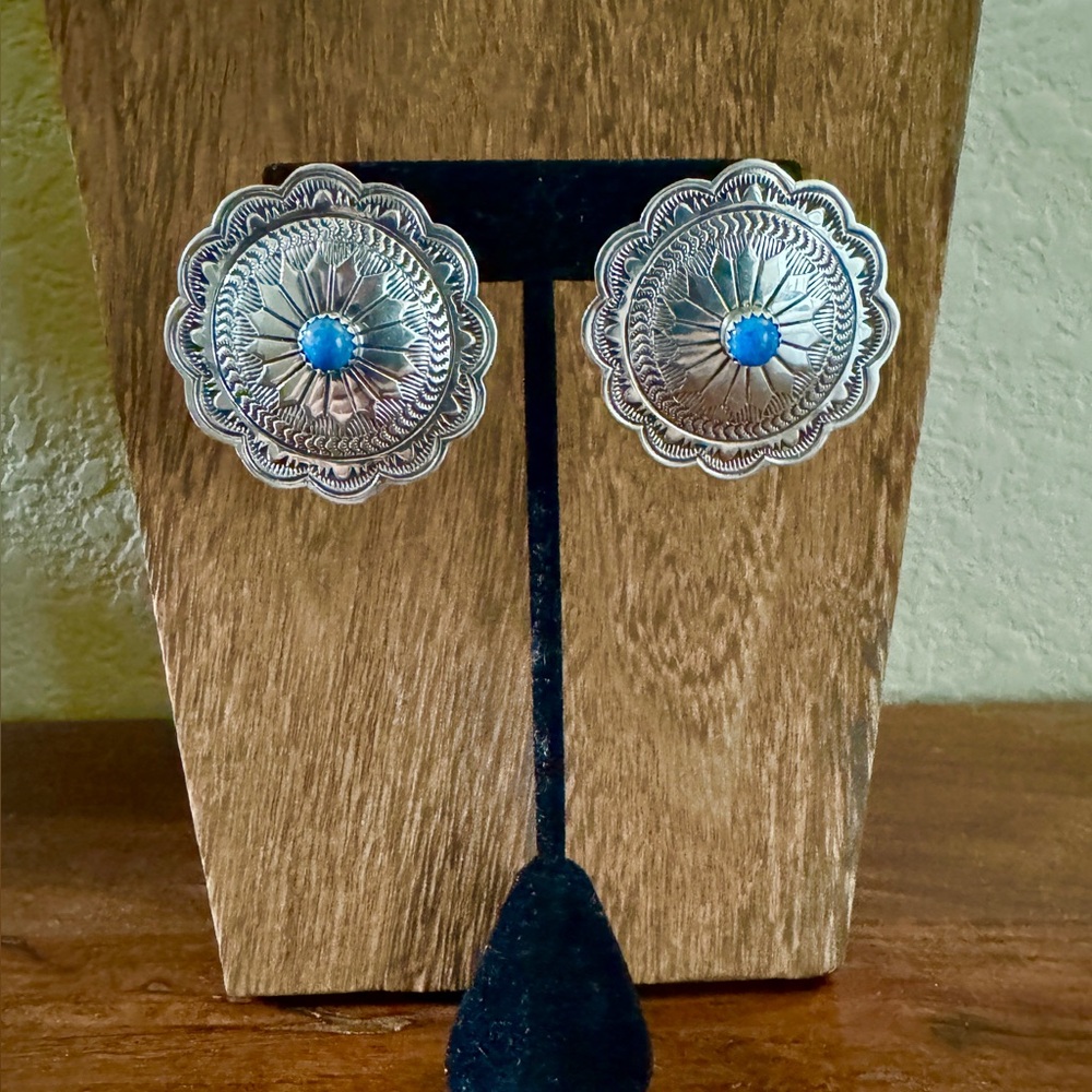 Native American Handmade Lapis Concho Earrings (Arnold Blackgoat)